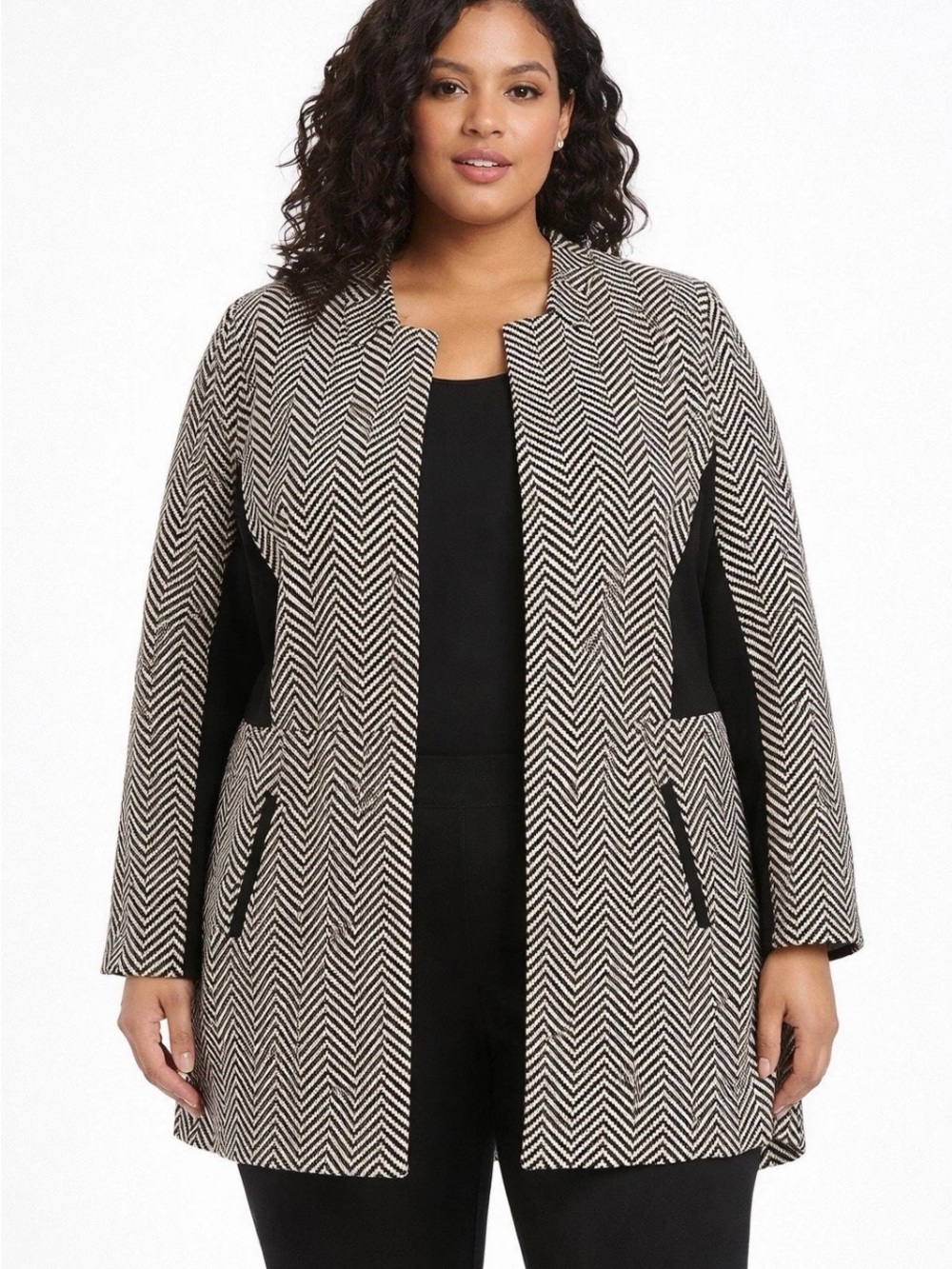 Kasper Black/Ivory Chevron Pattern Long Blazer Jacket Topper size 14 Career EUC